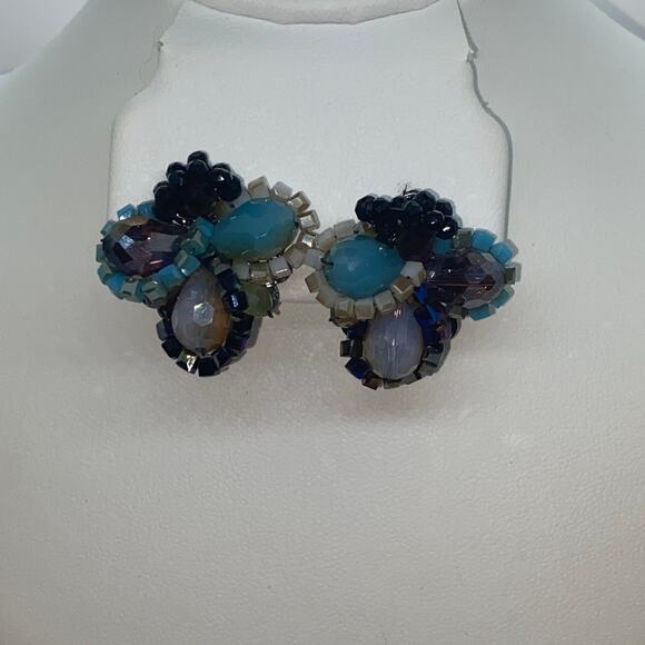 Multi-tone Blue Beaded Rhinestone Earrings - Picture 1 of 6